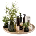 Decorative Daily Cleaning Supplies On Wooden Tray With Green Plants And Glass Vase