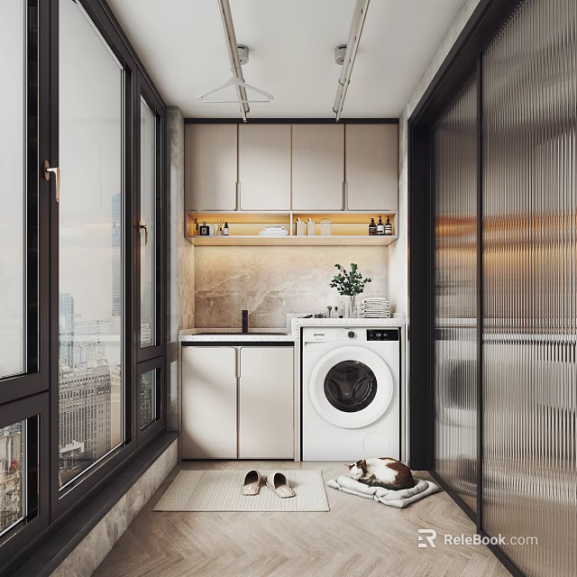 Modern Home Balcony With Washing Machine White Cabinets Windows And Small Plants 3d model 