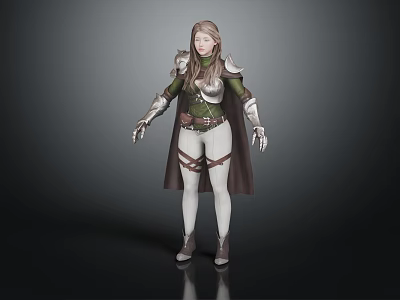 Fantasy Female Character 3D Model With Long Brown Hair Green Silver Armor And Brown Cape 3d model