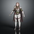 Fantasy Female Character 3D Model With Long Brown Hair Green Silver Armor And Brown Cape