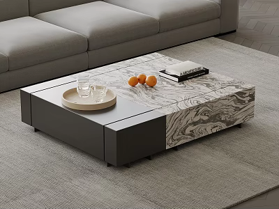 Modern Coffee Table With Marble Pattern Top Tray Glass Cups And Oranges By Gray Sofa 3d model
