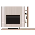 Modern Wooden TV Wall With Vertical Stripes Built-in TV And Side Shelves With Decorations