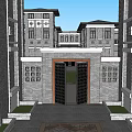 Detached Villa Courtyard With Symmetric Brick Walls Stone Pathway And Greenery