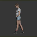 Woman with braided pigtails wearing light blue graphic T-shirt denim shorts and gray shoes