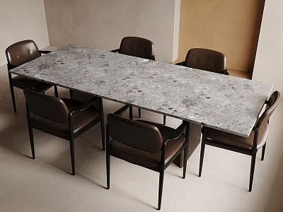 Modern Dining Table Set With Marble Top And Six Dark Chairs Interior 3d model