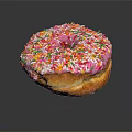 Pink Frosted Donut With Colorful Sprinkles On Black Background With Reflection