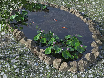 Serene Water Fountain With Circular Stone Border Water Lilies And Koi Fish In Grass Area 3d model