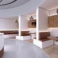 Elegant Modern Café Interior Featuring Round Bar Counter Comfortable Seating And Pendant Lights