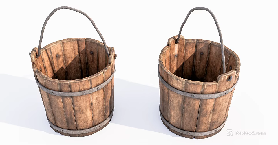 Rustic Decorative Ornament Set With Two Wooden Buckets Metal Hoops And Handles 3d model 