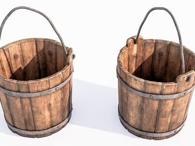 Rustic Decorative Ornament Set With Two Wooden Buckets Metal Hoops And Handles 3d model
