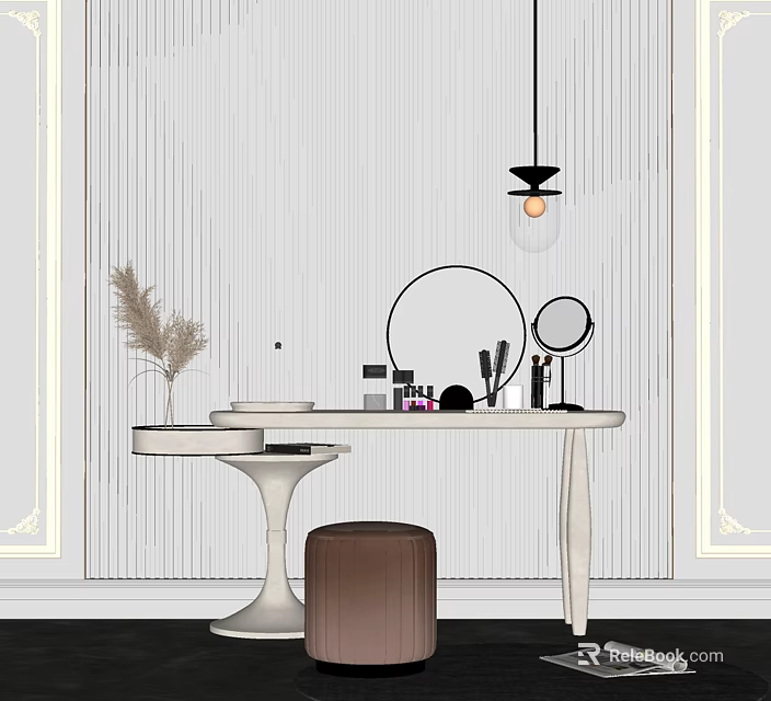 Modern Dressing Table With Round Mirror Makeup Products Pampas Grass And Hanging Lamp 3d model 