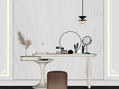 Modern Dressing Table With Round Mirror Makeup Products Pampas Grass And Hanging Lamp 3d model