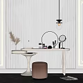 Modern Dressing Table With Round Mirror Makeup Products Pampas Grass And Hanging Lamp