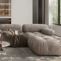 Modern Living Room Interior Design With Gray Sofa Checkered Pillows Green Plants And Stuffed Toy