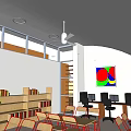 Modern Cultural Center Interior Design With Wooden Bookshelves And Seating Areas