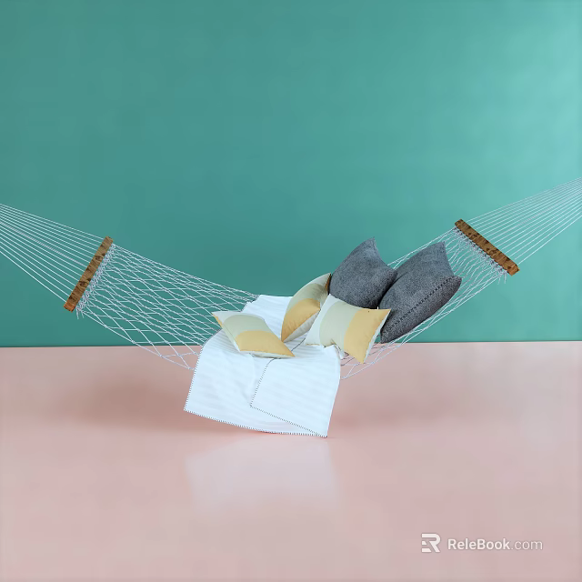 Cozy Hammock Chair with Pillows and Blanket on Pink Floor Against Green Background 3d model 