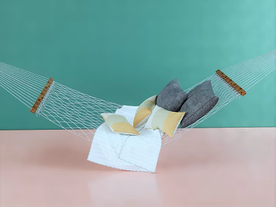 Cozy Hammock Chair with Pillows and Blanket on Pink Floor Against Green Background 3d model