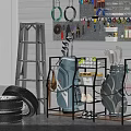 Metal Garage Storage Shelf With Tires Ladder Tools Tennis Rackets Hooks And Basket