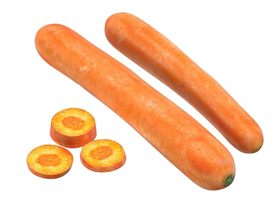 Fresh Vegetables Whole Carrots and Sliced Carrot Pieces on White Background 3d model
