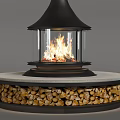 Modern Freestanding Fireplace with Black Chimney Glass Front Flames and Wood Logs Base