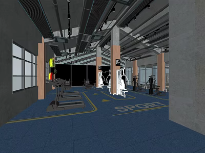 Modern Fitness Gym Interior With Blue Floor Sport Logo And Workout Equipment 3d model