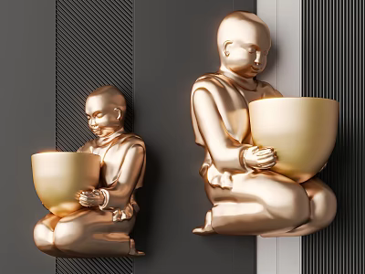 Detailed Golden Monk Sculptures Sitting Holding Bowl on Decorative Wall 3d model