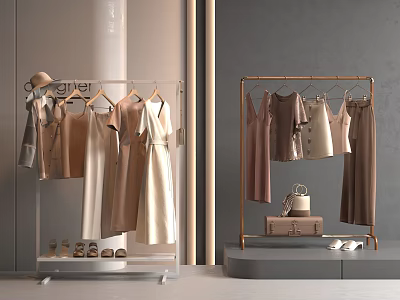 Modern Fashion Clothes Racks With Various Dresses Tops Skirts Shoes And Handbags 3d model