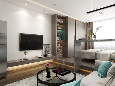 Modern Living Room Interior With TV Sofa Coffee Table And Bookshelf 3d model