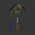 Wooden Market Stall With Green Vines Hanging Colored Boxes And Woven Basket