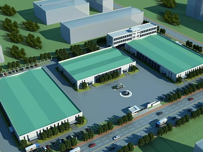 Industrial Factory Complex With Green Roofs Multiple Buildings Parking Area Roads And Vehicles 3d model