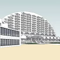 Modern Curved Hotel Building With Multi story Windows Waterfront And Green Area