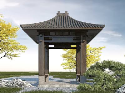 Ancient Chinese Pavilion Traditional Roof and Wooden Structure in Scenic Green Grass Yellow Trees Stone Surroundings 3d model