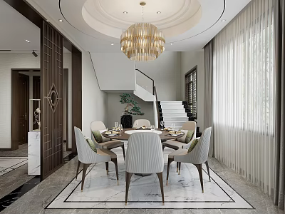 Elegant Dining Room Interior With Round Table White Chairs Golden Chandelier Staircase And Curtains 3d model