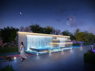 Nighttime Water Curtain Waterfall Wall with Trees Flowers Moon Fireworks and Woman Walking Dog 3d model