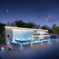 Nighttime Water Curtain Waterfall Wall with Trees Flowers Moon Fireworks and Woman Walking Dog
