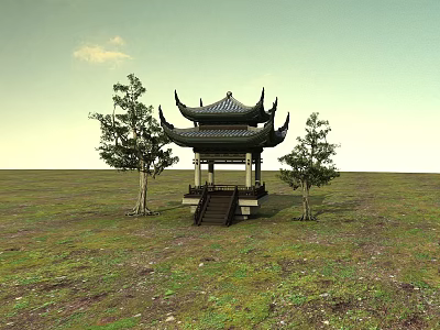 Traditional Chinese Pavilion With Curved Eaves And Steps Surrounded By Two Trees On Grassland 3d model