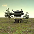 Traditional Chinese Pavilion With Curved Eaves And Steps Surrounded By Two Trees On Grassland