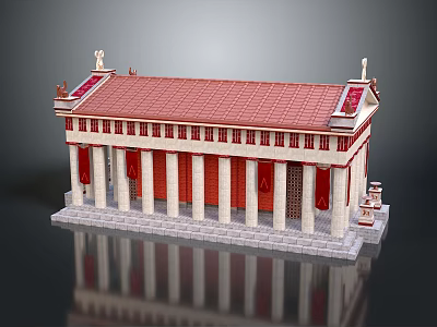 Cartoon Ancient Greek Style Building With Red Roof White Columns Steps And Statues 3d model