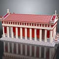 Cartoon Ancient Greek Style Building With Red Roof White Columns Steps And Statues