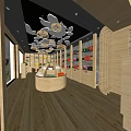 Elegant Specialty Store Interior with Wooden Shelves Various Packaged Products and Cloud Shaped Ceiling Lights