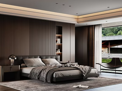 Modern Minimalist Bedroom Interior With Dark Paneled Walls Gray Bedding And Large Window Green View 3d model