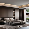 Modern Minimalist Bedroom Interior With Dark Paneled Walls Gray Bedding And Large Window Green View