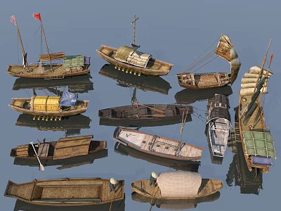 Traditional Wooden Boats With Various Sailing Designs Vintage Styles And Classic Structures On Water 3d model