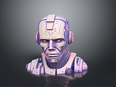 Futuristic Mechanical Robot Head 3D Model With Metallic Texture And Red Eyes 3d model