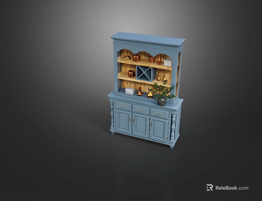 Blue Sideboard With Glass Doors Display Shelves Decorative Items And Small Plant On Top 3d model 