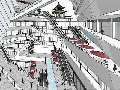 Modern Shopping Mall Interior With Multiple Escalators Red Umbrellas And Traditional Pavilion 3d model