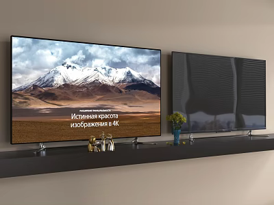 TVs With Snowy Mountain Display And Decorative Items On Black Shelf Against Light Wall 3d model