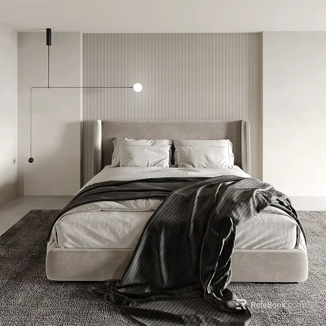 Modern Bedroom Double Bed With Upholstered Headboard Gray Blanket White Pillows And Striped Wall 3d model 
