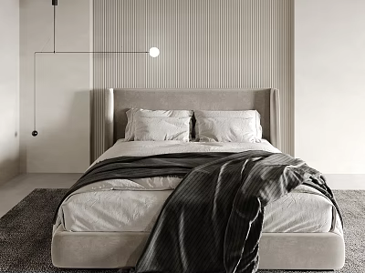 Modern Bedroom Double Bed With Upholstered Headboard Gray Blanket White Pillows And Striped Wall 3d model