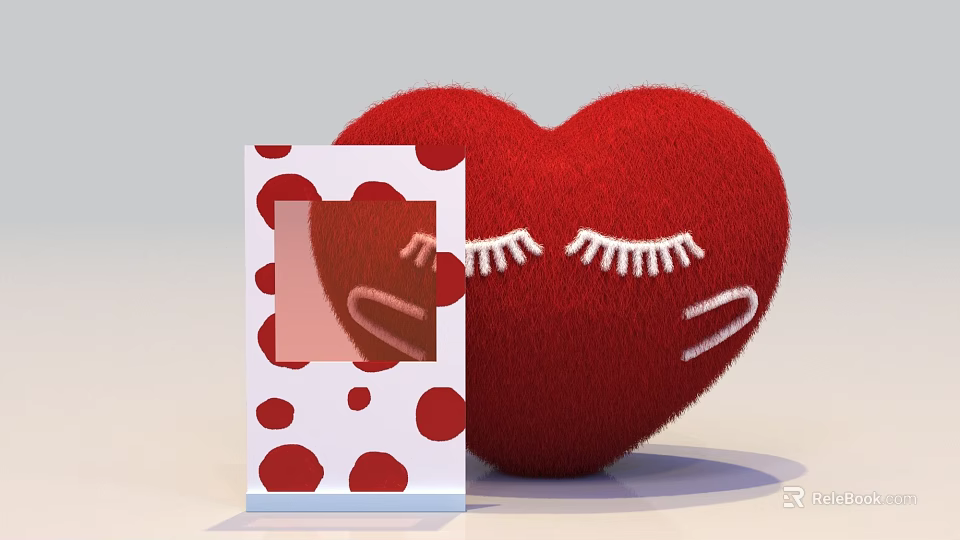 Cute Red Plush Heart Photo Spot With White Eyelashes And Polka Dot Frame 3d model 